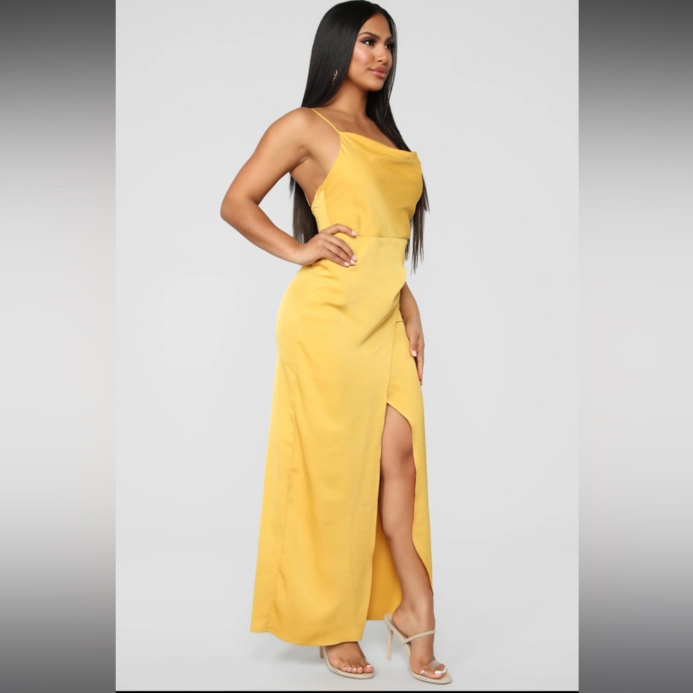 Fashion Nova -yellow satin Maxi dress with split